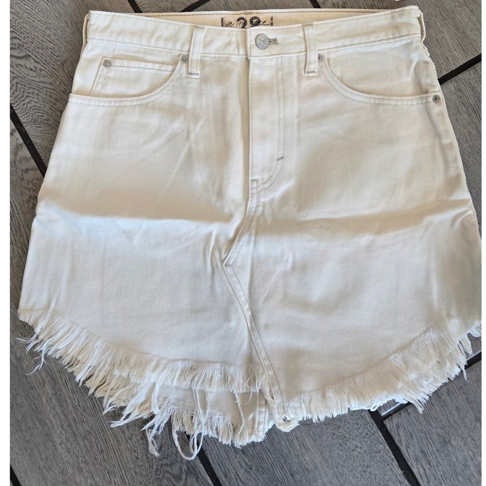 Free People We The Free Denim Mini Skirt Coconut White‎ Frayed Hem - Size 26 New